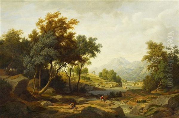 Gebirgslandschaft Mit Fischern Oil Painting by Alexis Puhlmann