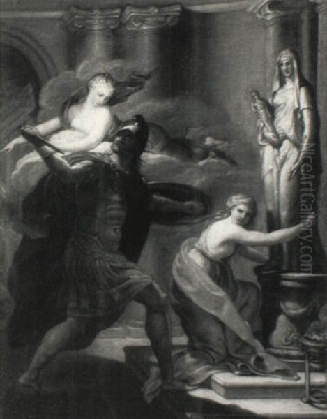 Venus Stopping Aeneas From Killing Helen At The Foot Of A Statue Of Vesta Oil Painting by Johann Gottlieb Puhlmann