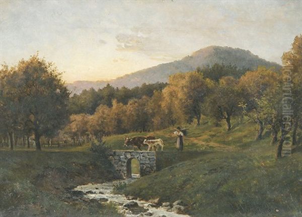 Hirtin Auf Einer Brucke In Herbstlicher Landschaft Oil Painting by Victor Puhonny