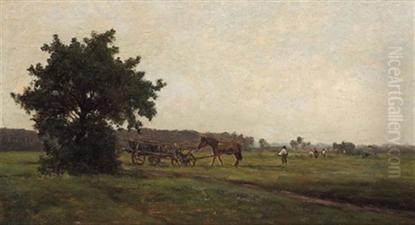 Wiesenlandschaft Mit Bauern Bei Der Heuernte, Links Ein Groser Baum Oil Painting by Victor Puhonny