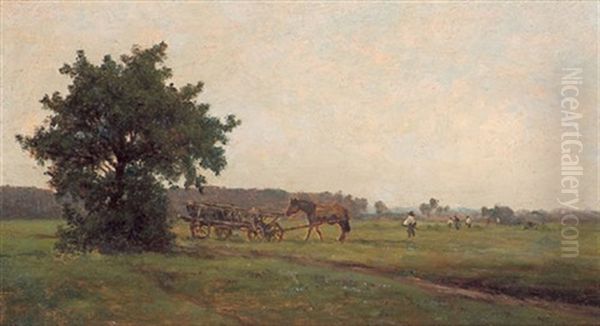 Wiesenlandschaft Mit Bauern Bei Der Heuernte, Links Ein Groser Baum Oil Painting by Victor Puhonny