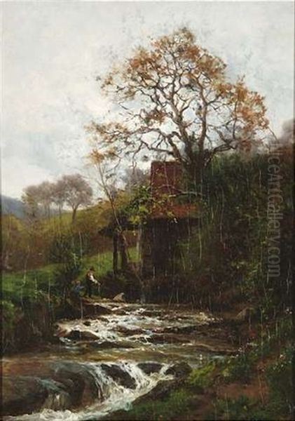 Schwarzwaldlandschaft Mit Anglern Am Ufer Eines Platschernden Baches Oil Painting by Victor Puhonny