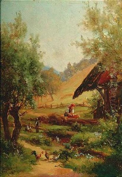 Schwarzwaldlandschaft Mit Einer Bauerin Vor Dem Gehoft Oil Painting by Victor Puhonny