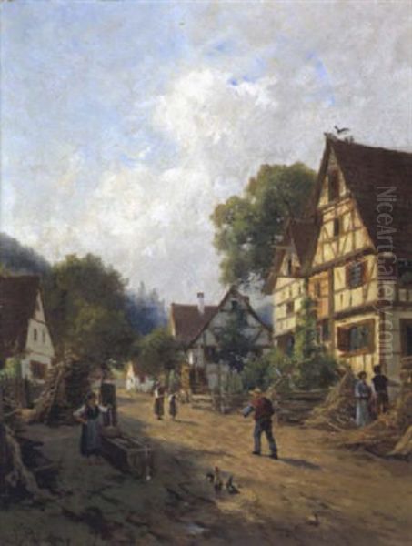 Dorfstrase Mit Figurlicher Staffage Oil Painting by Victor Puhonny