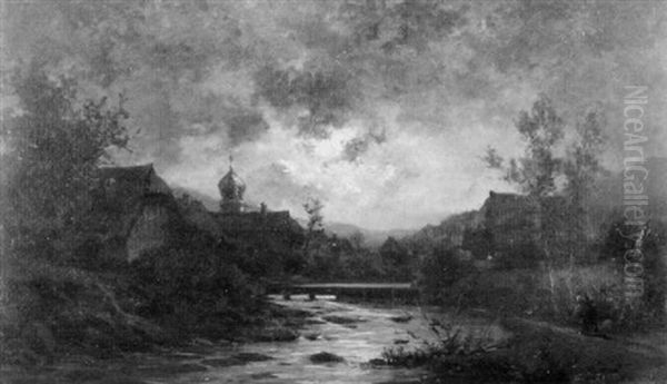 Schwarzwalddorf Am Fluss Bei Mondschein Oil Painting by Victor Puhonny