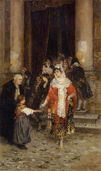 Das Almosen - Spanische Damen Und Herren Beim Verlassen Der Kirche Oil Painting by Gabriel Puig Roda