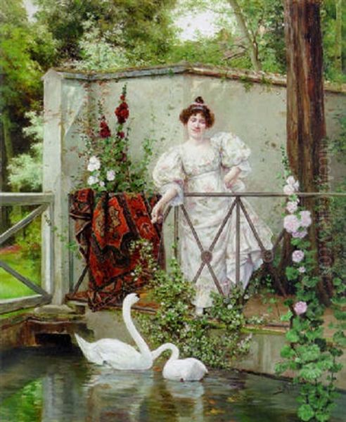 Feeding The Swans Oil Painting by Clemente Pujol de Gustavino