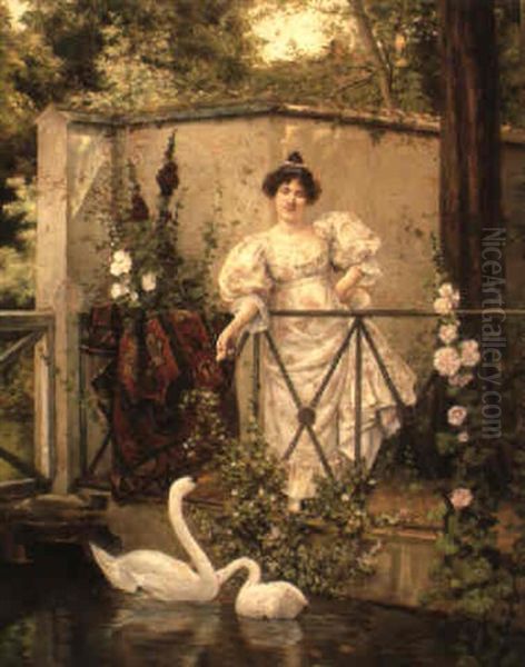 Feeding The Swans Oil Painting by Clemente Pujol de Gustavino