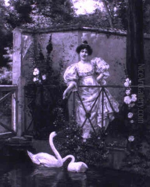 Feeding The Swans Oil Painting by Clemente Pujol de Gustavino