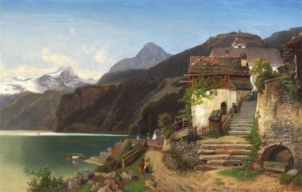 A View Of Lake Hallstatt Oil Painting by Johann Gottfried Pulian