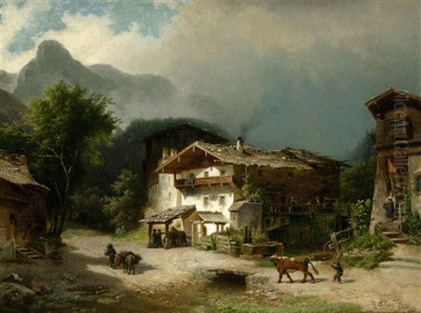 Blick Auf Ein Bergdorfchen Im Salzburger Land Oil Painting by Johann Gottfried Pulian