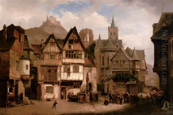 Blick Auf Den Marktplatz In Bacharach Am Rhein Oil Painting by Johann Gottfried Pulian