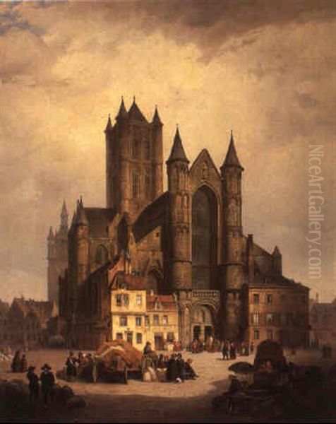 Die Nicolaus Kirche Am Kornmarkt Zu Gent Oil Painting by Johann Gottfried Pulian