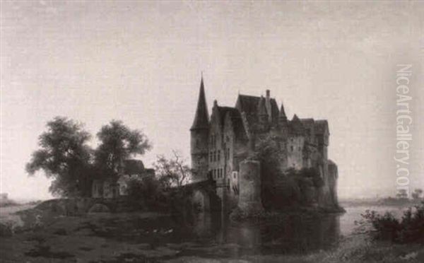 Wasserschloss An Einer Flussschleife Gelegen Oil Painting by Johann Gottfried Pulian