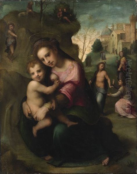 The Madonna And Child, With Saint John The Baptist And Saint Apollonia In A Landscape Oil Painting by Domenico Puligo