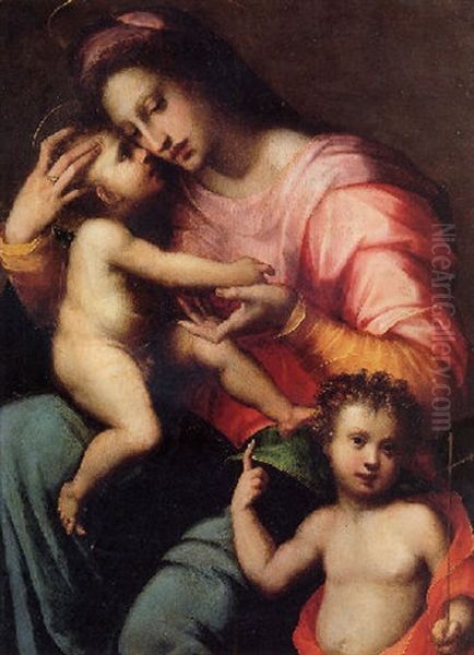 Madonna And Child With The Infant Saint John The Baptist Oil Painting by Domenico Puligo