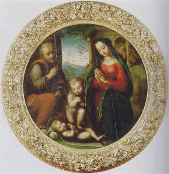 La Sacra Famiglia E San Giovannino In Adorazione Del Bambino Gesu Oil Painting by Domenico Puligo