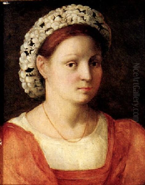 Portrait Of A Lady, Head And Shoulders, With A Garland Of Flowers In Her Hair Oil Painting by Domenico Puligo