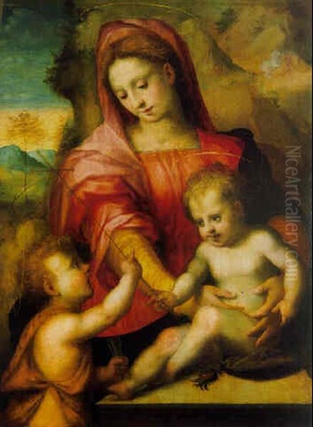 The Madonna And Child With The Infant Saint John The Baptist In A Landscape Oil Painting by Domenico Puligo