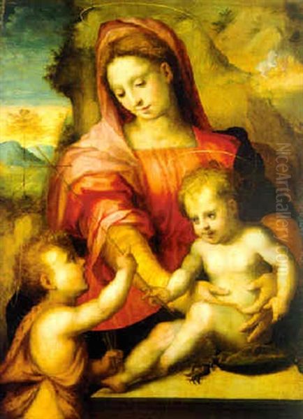 The Madonna And Child With The Infant Saint John The Baptist In A Landscape Oil Painting by Domenico Puligo