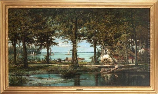 Pecheur Pres D'un Moulin A Eau, Des Voiliers A L'arriere-plan Oil Painting by Louis Pulinckx