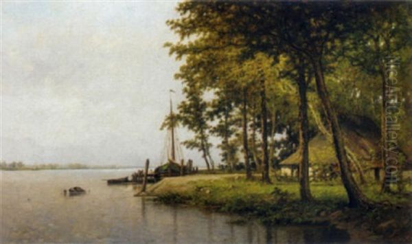 A Peaceful River Landscape With Fishermen Sorting Out Their Nets On A Jetty Oil Painting by Louis Pulinckx