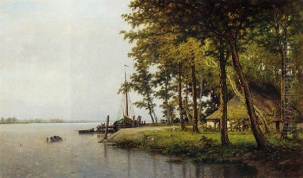 A Peaceful River Landscape With Fishermen Sorting Out Their Nets On A Jetty Oil Painting by Louis Pulinckx