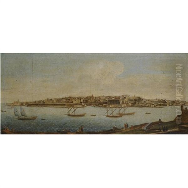 Malta, A View Of Valetta From Marsamxett Harbour Oil Painting by Alberto Pullicino