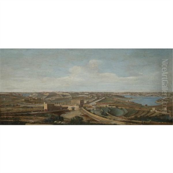 Malta, A View Of Birgu, Senglea And The Santa Margherita Lines Taken From The Cottonera Gate Leading To The Salvador With The Grand Harbour Of Valetta Beyond Oil Painting by Alberto Pullicino