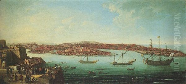 Malta, A View Of Valetta With Elegant Figures Gathered On A Promontory Overlooking The Arrival Of A Fleet Oil Painting by Alberto Pullicino