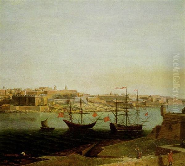 A View Of Valetta With Ships In The Foreground Oil Painting by Alberto Pullicino