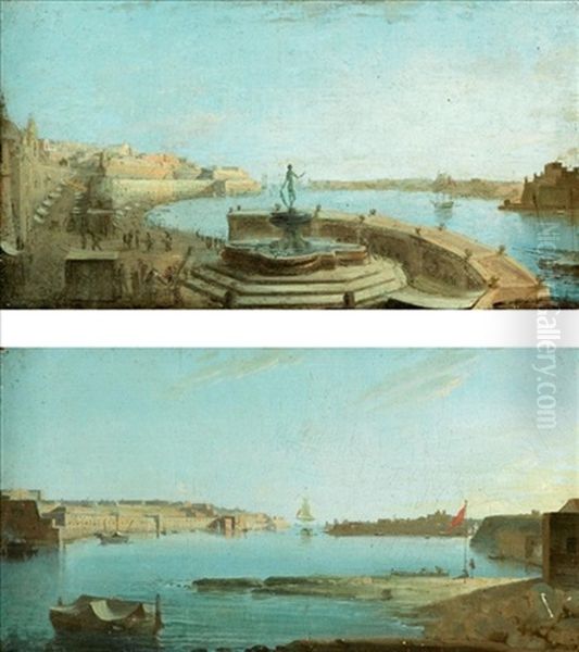 A View Of Valetta Harbour, Malta, From The Neptune Fountain (+ A Panoramic View Of Valetta Harbour; Pair) Oil Painting by Giorgio Pullicino