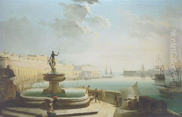 A View Of Valetta Harbour, Malta, From The Neptune Fountain, An English Man-o'-war Moored Beyond Oil Painting by Giorgio Pullicino