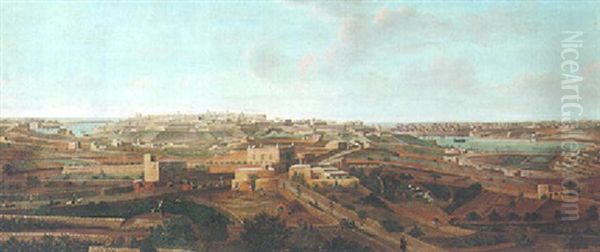 Malta, A Panoramic View Of Valletta And Floriana From Samra Oil Painting by Giorgio Pullicino