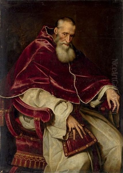 Portrait Of Alessandro Farnese, Pope Paul Iii, Seated, In A Papal Robes Oil Painting by Scipione Pulzone