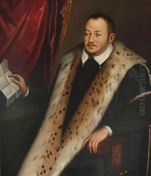 Portrait Of Francesco I De Medici, Three-quarter-length, In Black Costume With Fur Trim, Holding A Letter, Seated Before A Red Curtain Oil Painting by Scipione Pulzone