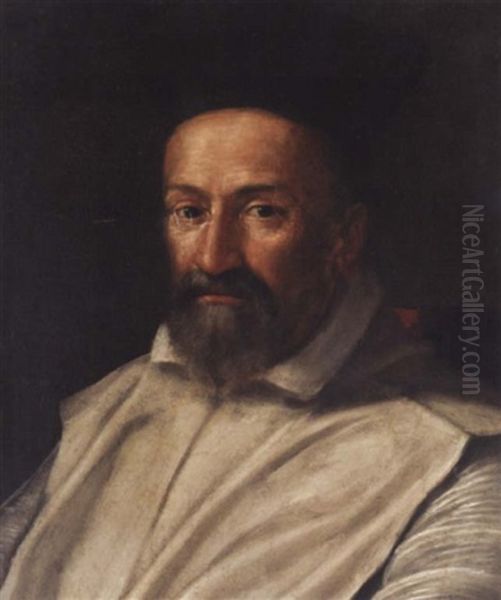 Portrait Of A Prelate Wearing White Robes And A Black Hat Oil Painting by Scipione Pulzone