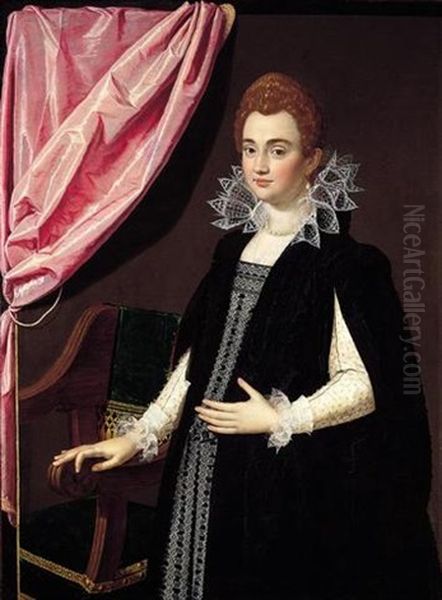 A Trompe L'oeil Portrait Of A Noblewoman, Maria De' Medici (?) Standing Before A Chair Oil Painting by Scipione Pulzone