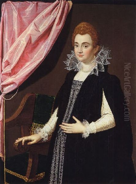 A Trompe L'oeil Portrait Of A Noblewoman (maria De' Medici?) Standing Before A Chair Oil Painting by Scipione Pulzone