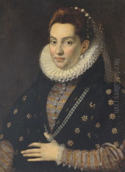 Portrait Of A Lady (lucrezia Colonna?) Wearing A Black Dress With Gold Sleeves And High Lace Ruff Oil Painting by Scipione Pulzone