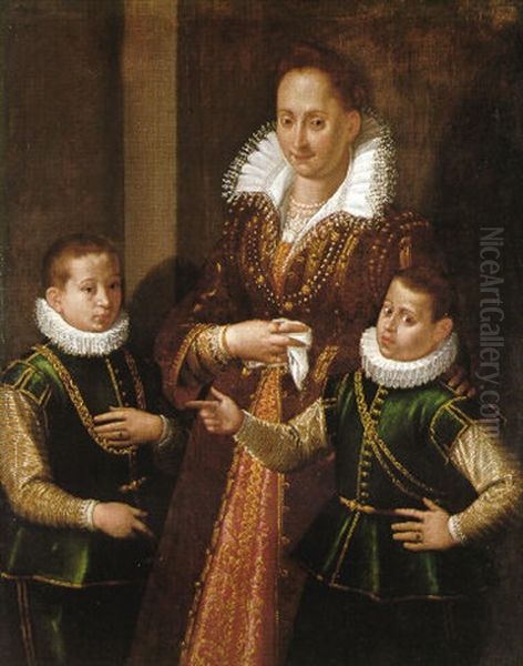 A Family Portrait Of A Woman With Her Two Sons, Three Quarter Length, She Wearing A Gold-embroidered Brown Dress Oil Painting by Scipione Pulzone