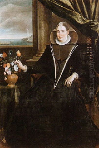 Portrait Of A Noblewoman Wearing Black Seated Beside A Vase Of Flowers, Harbour Beyond Oil Painting by Scipione Pulzone