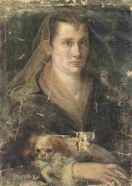 Portrait Of A Lady Wearing A Headdress And Holding A Dog Oil Painting by Scipione Pulzone