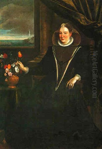 Portait Of A Noblewoman Wearing Black, Full Length, Seated Beside A Vase Of Flowers, A Harbour Beyond Oil Painting by Scipione Pulzone