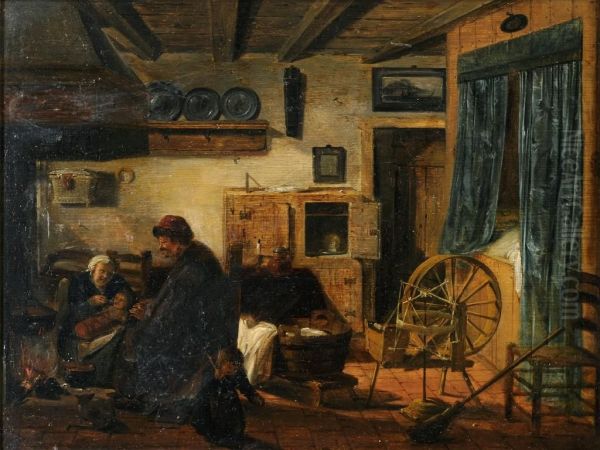 A Peasant Family In An Interior Oil Painting by Hans Bollongier