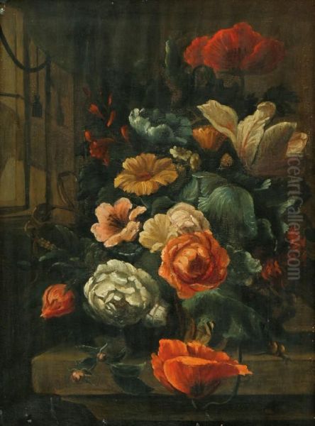 Stilleven Met Rozen, Tulpen, Klaprozen En Een Slak Op Een Stenen Plint Oil Painting by Hans Bollongier