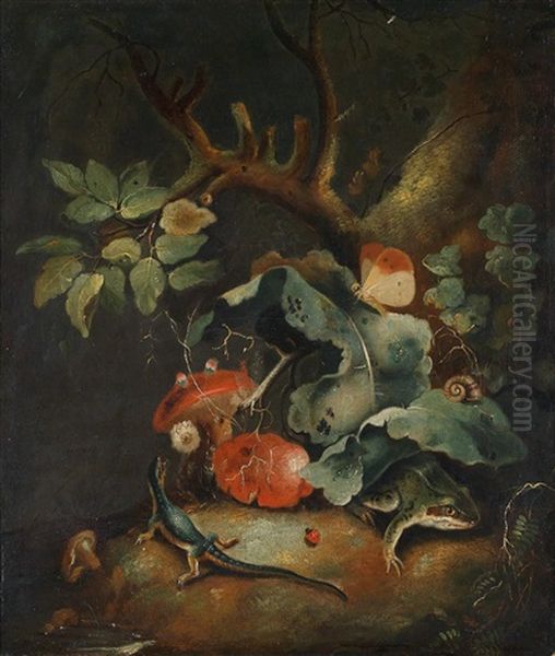 A Sous-bois Still Life With A Frog, A Lizard And A Butterfly; And A Sous-bois Still Life With A Chaffinch Oil Painting by Franz Michael Sigmund von Purgau