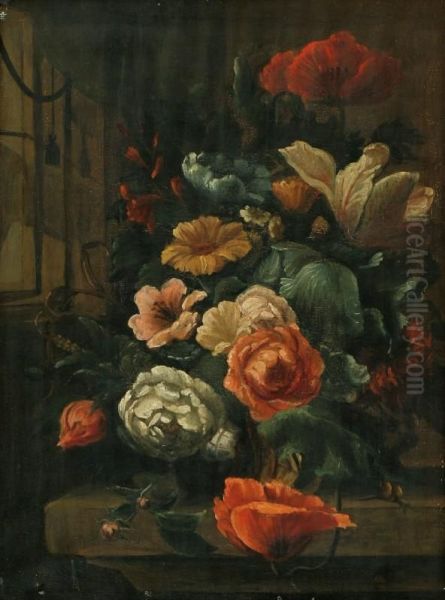 Still Life Withroses, Tulips, Poppies And A Snail On A Stone Plinth Oil Painting by Hans Bollongier