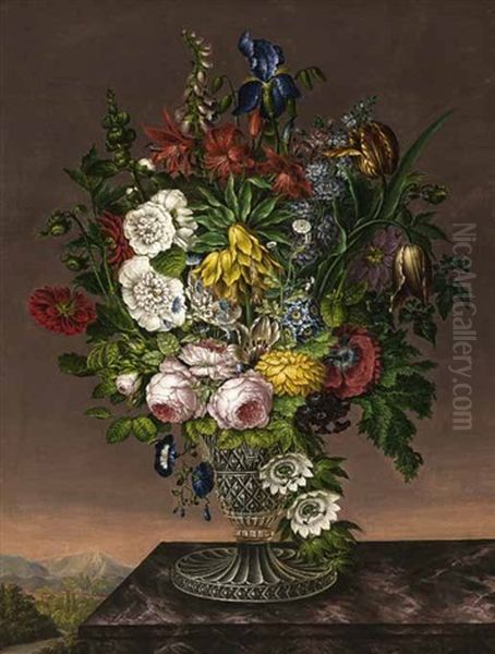 Blumenvase Auf Einer Brustung, Im Hintergrund Weite Landschaft Mit Hausern Oil Painting by Franz Michael Sigmund von Purgau