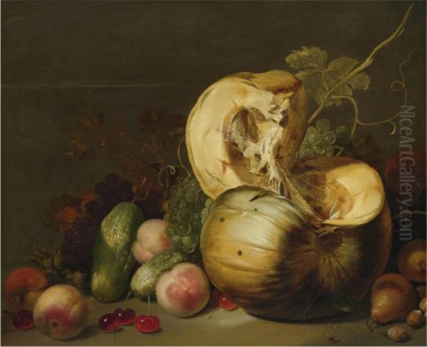 A Still Life With A Pumpkin, Peachs, Grapes, Cherries And Otherfruit Oil Painting by Hans Bollongier